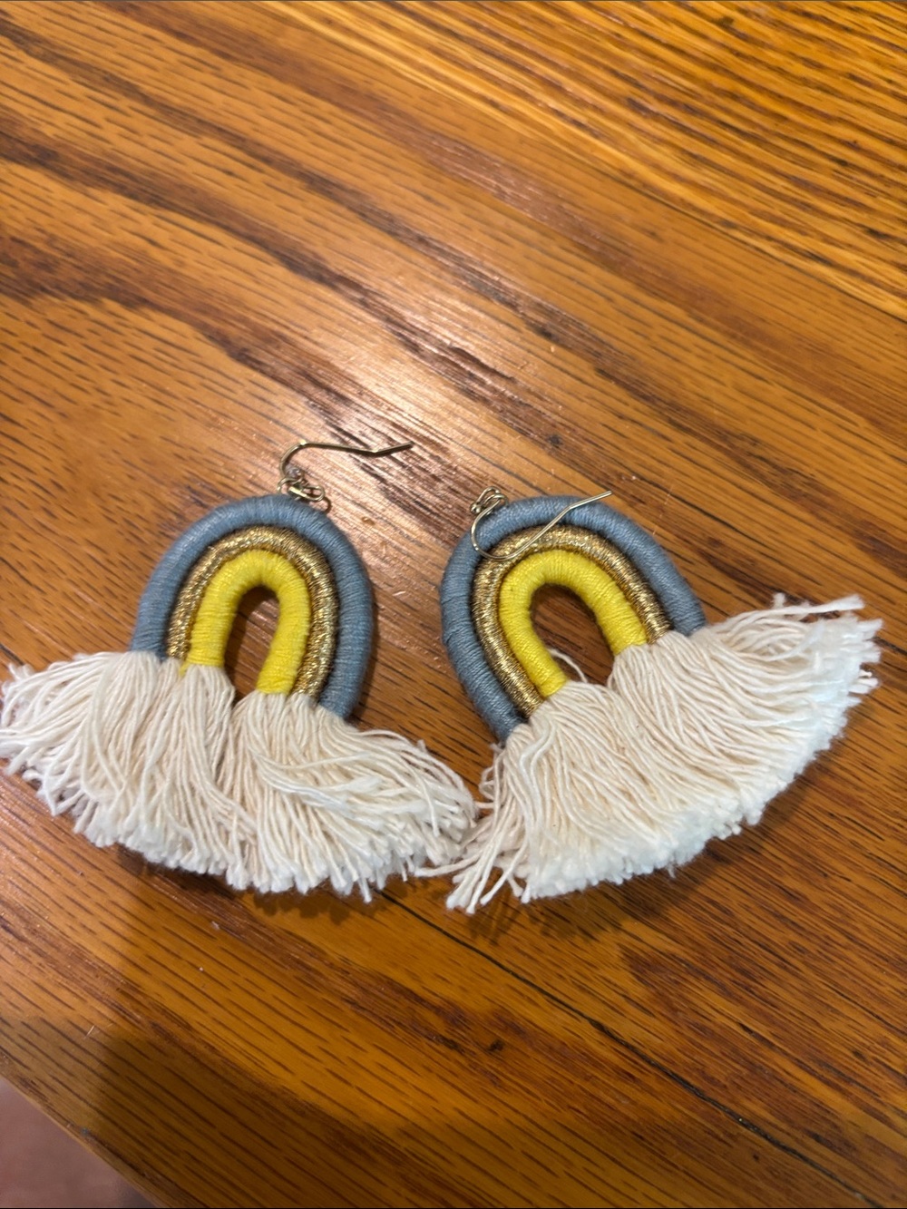Boho Blue, Yellow & Cream Rainbow Fringe Earrings